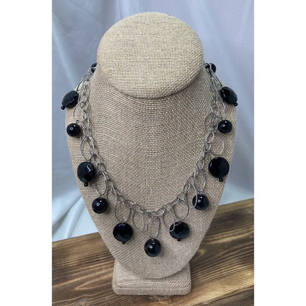 White House Black Market Oval & Resin Circles Chain Necklace Silver 20” Adj